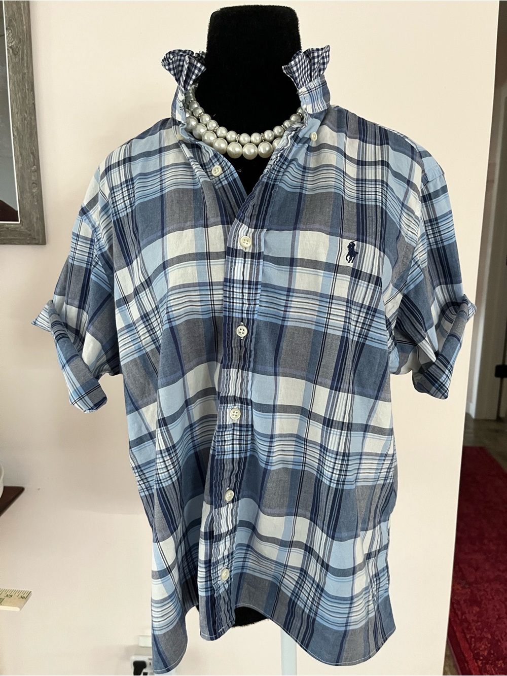 Refashioned Ralph Lauren Blue Plaid Short-Sleeve Button-Down Ruffle Collar